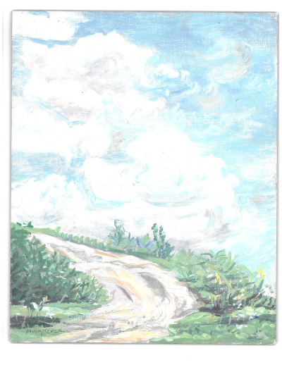 Painting of a dirt road with a large white cloud above.