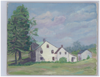 Painting of white house with a single large tree.