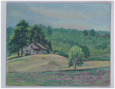 Paint of a house on a hill with fields in the foreground.