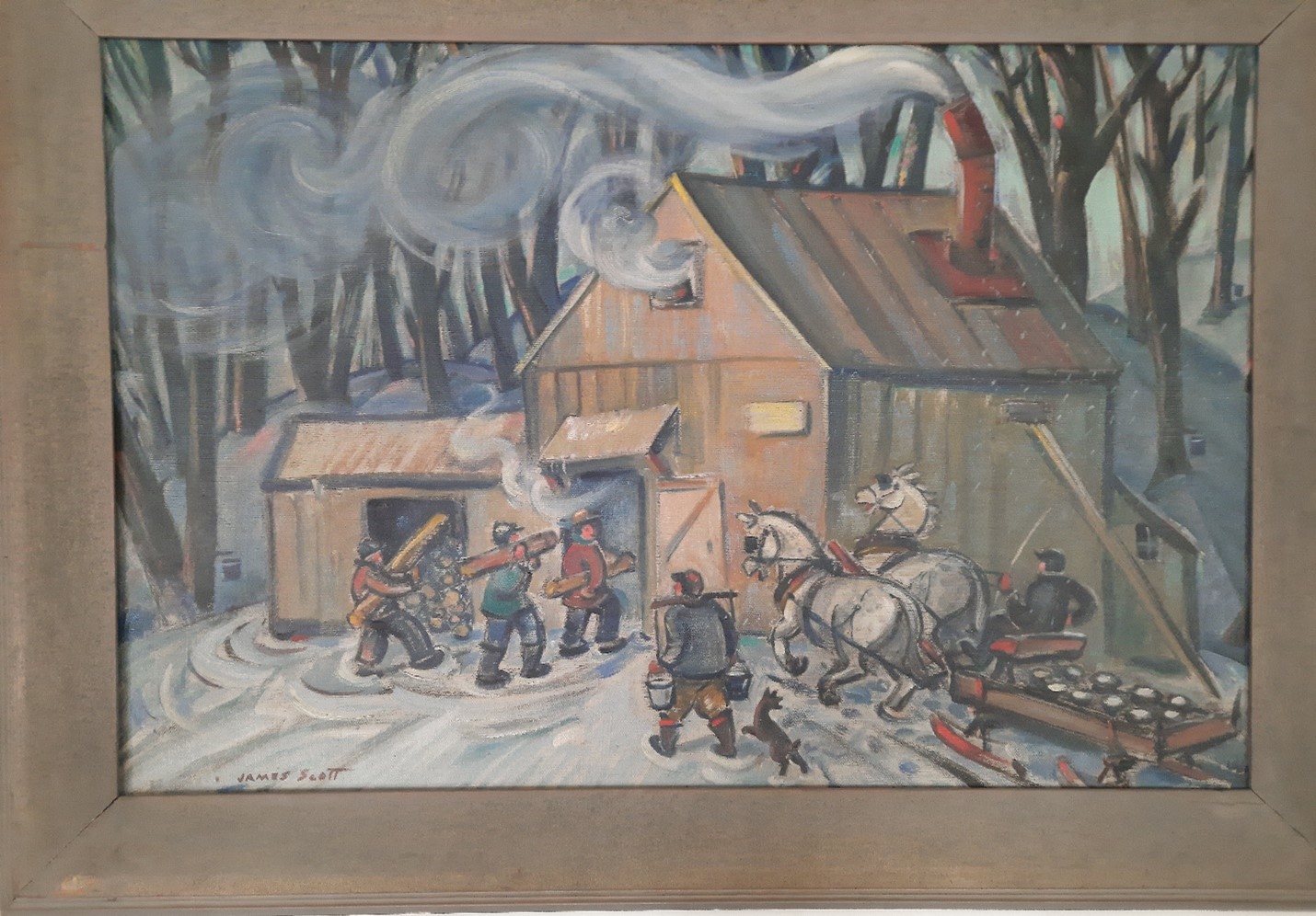 "Gathering Maple Sap" by James Scott. Oil paint depicting workers bring wood and buckets into a smokehouse. 