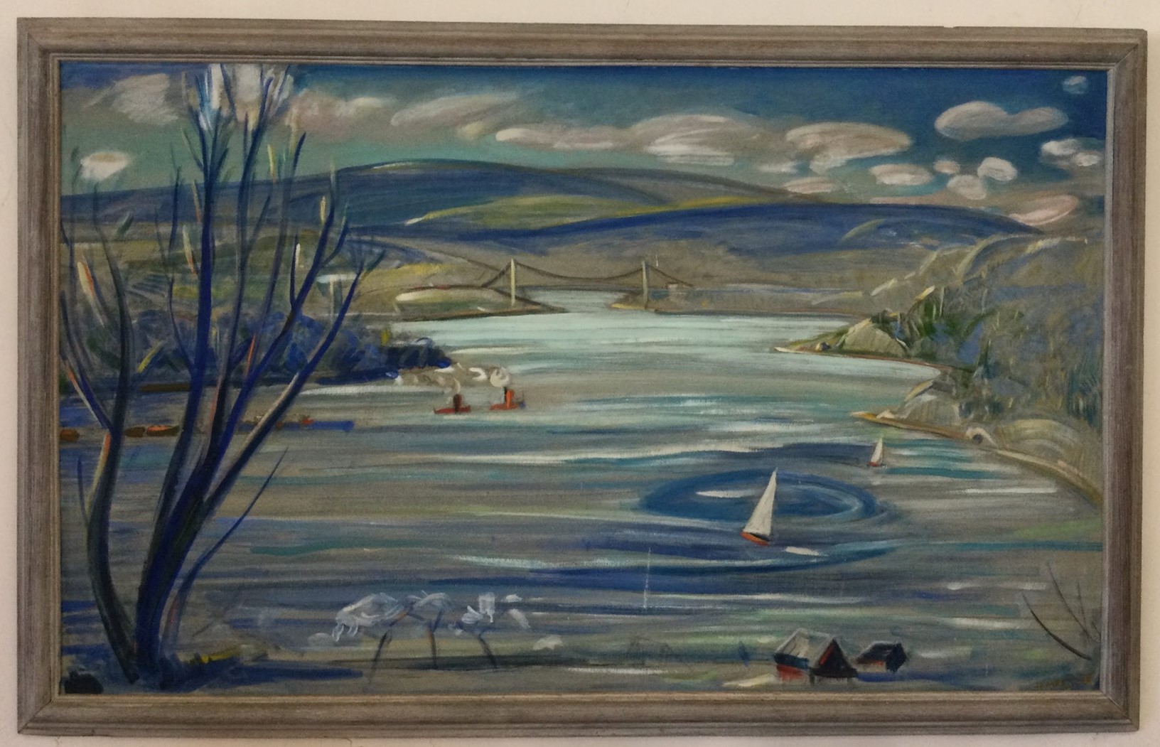 "Untitled" by James Scott. Oil painting depicting boats on a river with a bridge and Mountains in the background.