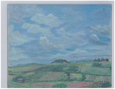 Painting of fields with clouds