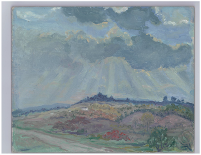 Painting of fields with clouds. Rays of sun breaking through the clouds.