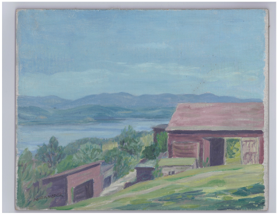 Painting of two farm building overlooking a river.